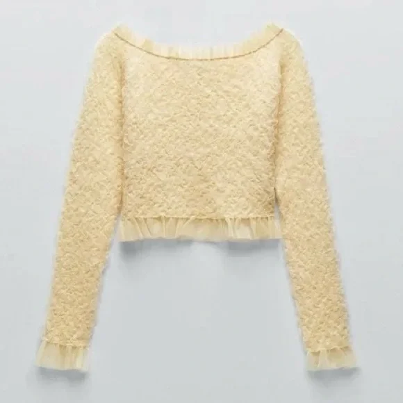 Zara NWT light yellow off shoulder long sleeve textured mesh ruffle trim top - Picture 8 of 10